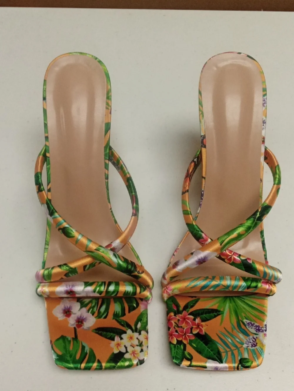 Floral Multicolor Strappy Mule with Gold Sculpted Heel